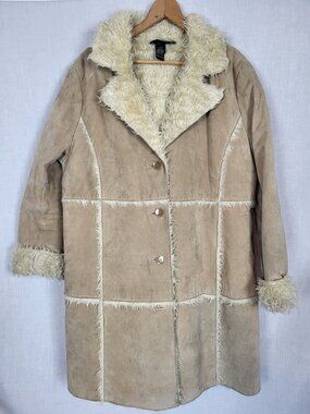 Vintage Brandon Thomas Leather Coat Women 14/16 (L) Long Faux Fur Shearling Y2K